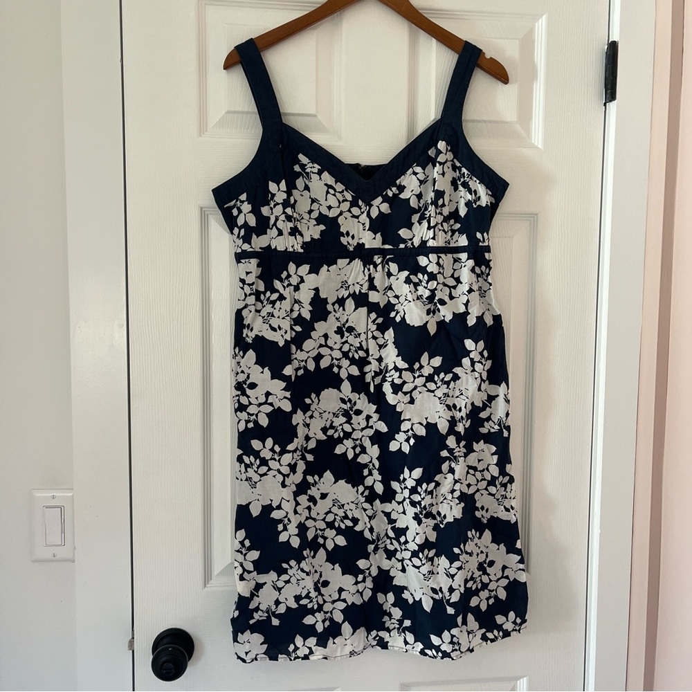 liz Claiborne Floral Dress Navy & White Lined 14 Spring Wedding Empire Waist